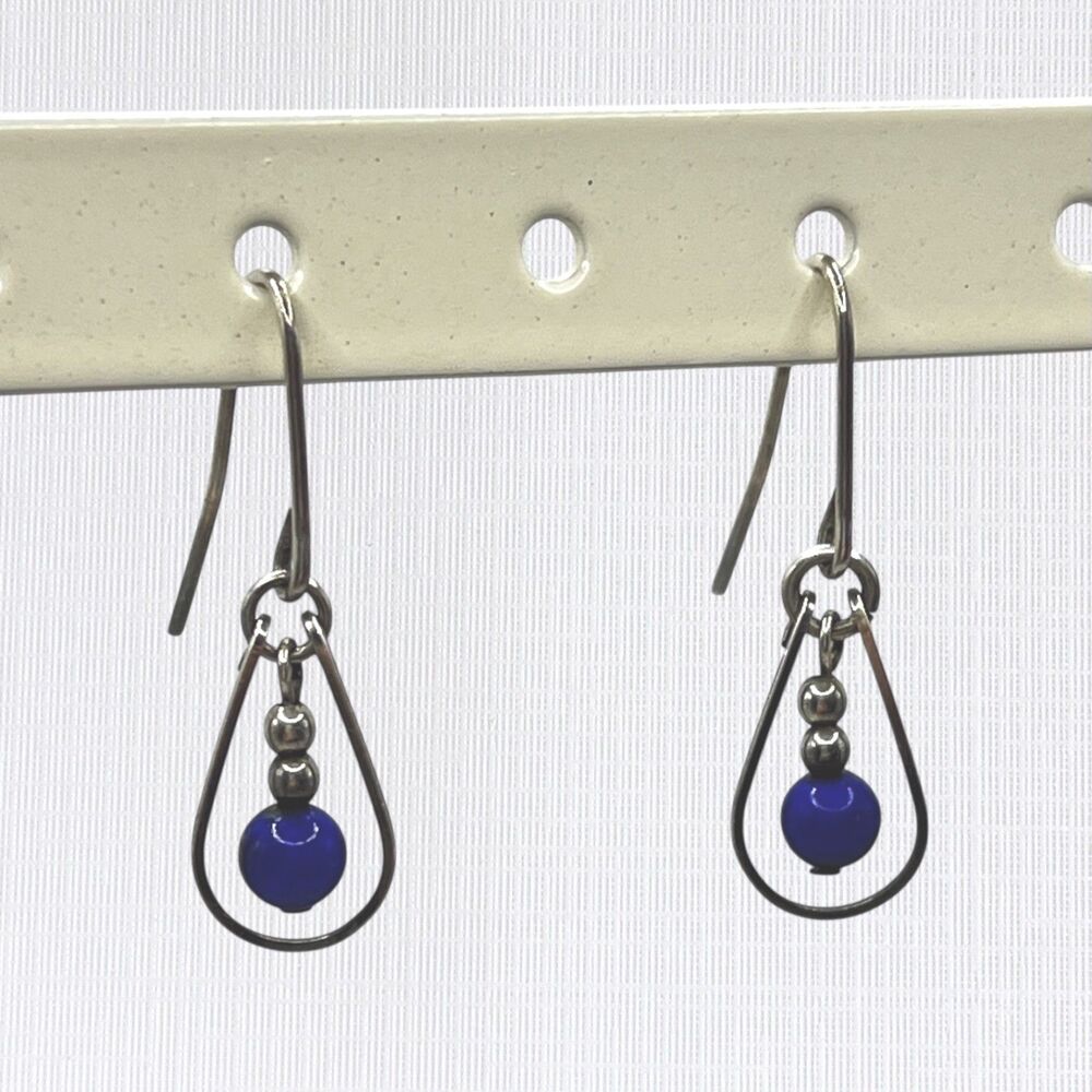 VTG Lapis Lazuli Bead Earrings Dangle Teardrop Wire Blue Silver Tone Dainty 1"